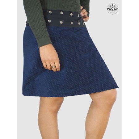 jupe velours bleue femme motif petits pois bleu, évasée, boutonnée fendue