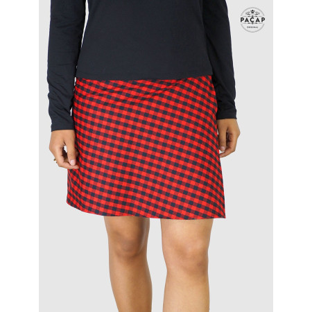 Jupe Rouge Imprimée Vichy Boutonnée Genoux Réversible Originale Fendue coupe portefeuille Taille Unique Coton