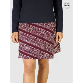 jupe rouge bordeaux imprimée ethnique, jupe asymetrique,  fendue, trapéze, velours