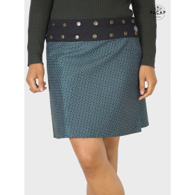 Jupe Droite Imprimée Verte Femme Marque Française Mi cuisses Taille ajustable ceinture boutonnée Velours