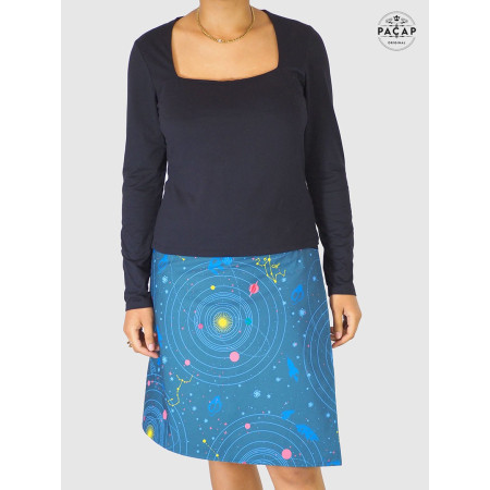 jupe bleue, carte ciel, planete, astral, comete, etoile, galaxie, jupe imprimé