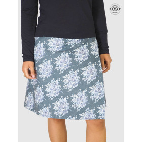 jupe grise a fleurs blanche , jupe velours ceinture plate, grosse fleurs
