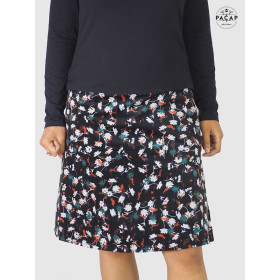 jupe chic noire à fleurs, jupe élégante, jupe velours femme, jupe hiver boutonnée
