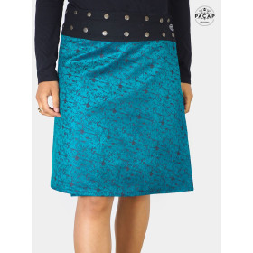 jupe verte, jupe bleue, jupe brillante, jupe satinée, jupe turquoise, jupe imprimé, jupe velours