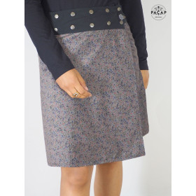 jupe velours imprimé motif liberty femme couleur gris, jupe fendue wrap longueur genoux