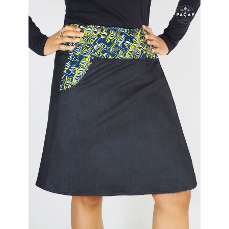 jupe grande taille en jean noir, jupe poche femme ronde, jupe denim taille plus