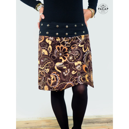 jupe marron en velours réversible motif cachemire paisley