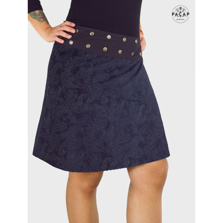 jupe velours bleu pour femme motif cachemire, velours dévorée, jupe paisley, jupe réversible