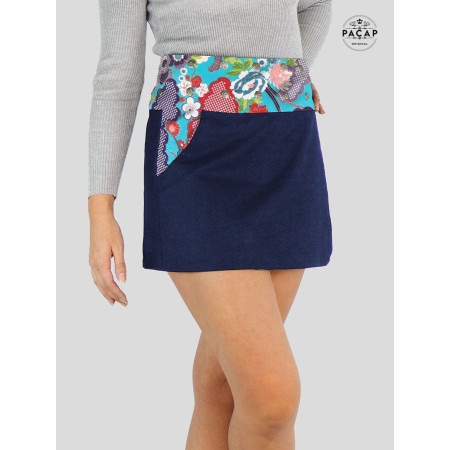 mini jupe taille unique en jean bleu réversible