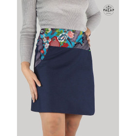 jupe genoux taille unique en jean bleu réversible