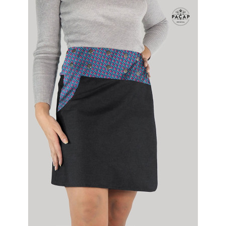 Jupe genoux en Jean noir avec Poches et Bouton Pression