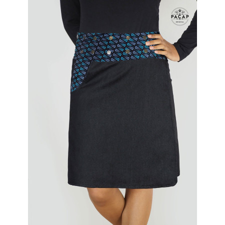 Jupe longue Trapèze femme en Jean noir Réversible Boutonnée Devant - motif japonais bleu
