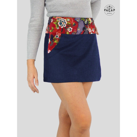 Jupe courte Droite en Jean bleu Réversible Coton Rouge à Fleurs