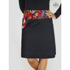 Jupe longue Droite en Jean noir Réversible Coton Rouge à Fleurs - KABOSU