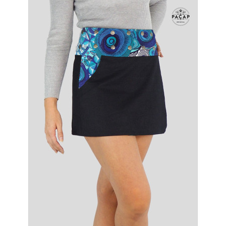 Grossiste Jupe Marseille Jupe courte Enveloppante en Jean noir Réversible Motif Africain Bleu