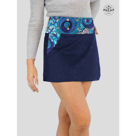 revendeur Jupe Marseille mini Jupe Enveloppante en Jean bleu Réversible Motif Africain Bleu
