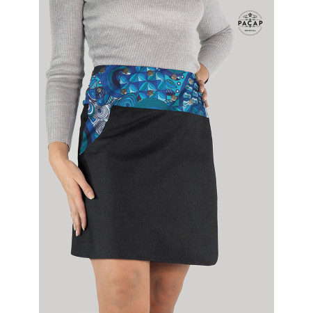 revendeur Jupe Marseille Jupe mi-longue Enveloppante en Jean noir Réversible Motif Africain Bleu