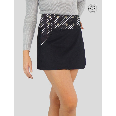 jupe courte wrap jean noir motif rétro vintage style pin up à pois avec poche et ceinture multi taille boutonnée