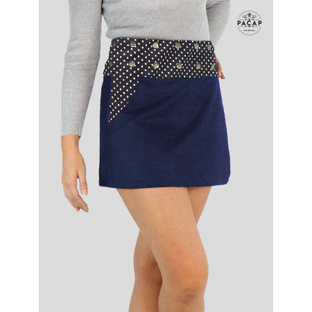 mini jupe wrap jean bleu motif rétro vintage style pin up à pois avec poche et ceinture multi taille boutonnée