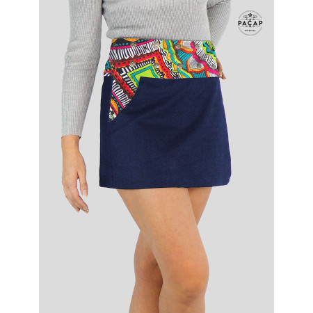 mini jupe jean bleu femme réversible doublure imprimé africain ethnique wax madras pagne