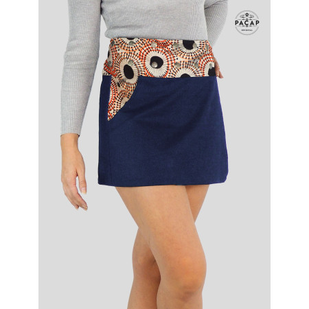 jupe boheme courte motif ethnique marron en jean bleu