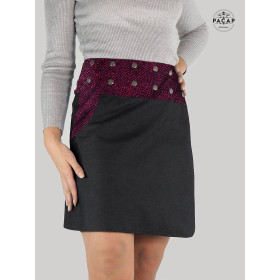 jupe fendue jean noir à poche motif pois rouge pour femme