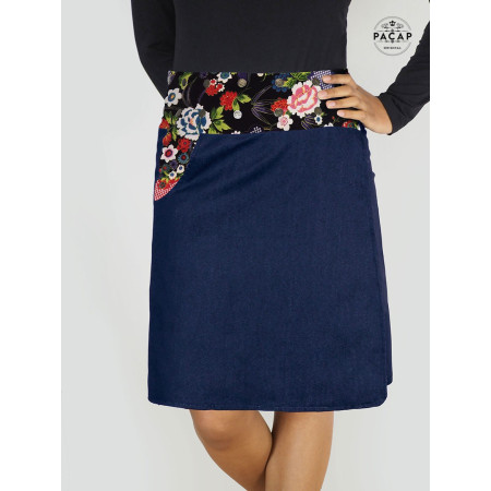 jupe longue jean bleu motif fleurs sakura japonais