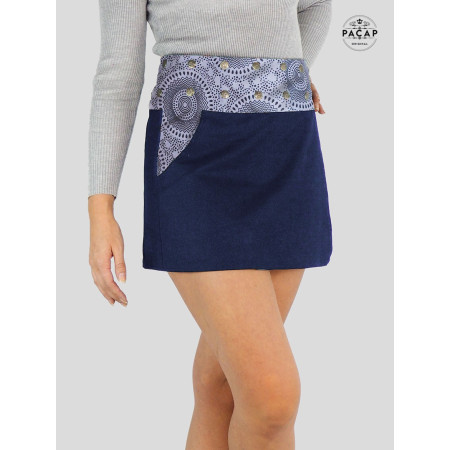 jupe courte mandala en jean bleu motif boho