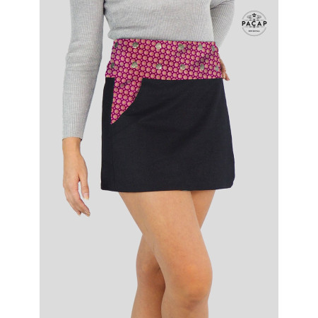 Jupe courte wrap noir en jean pour femme motif hippie rose géometrique