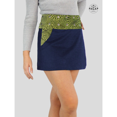 mini jupe verte en jean bleue avec poche pour femme