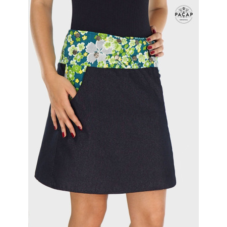 jupe évasée jean noir, jupe jean poche secrète, jupe réversible, jupe liberty verte femme, jupe verte à fleurs