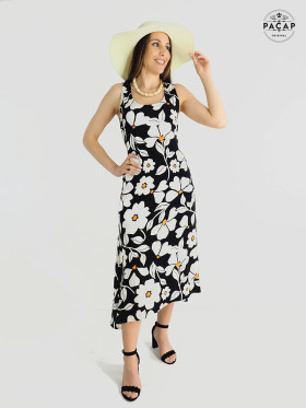 Robe longue noire a fleurs blanches pour femme, robe en rayonne sans manche, asymetrique taille a nouer