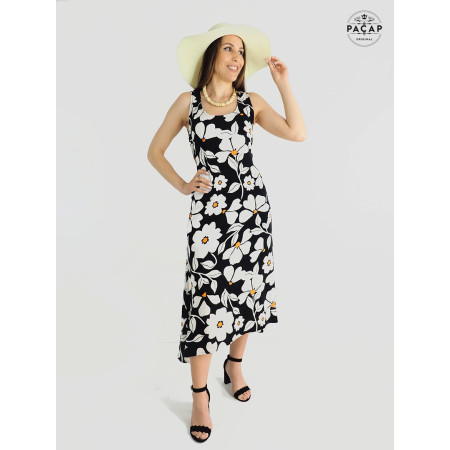 Robe longue noire a fleurs blanches pour femme, robe en rayonne sans manche, asymetrique taille a nouer
