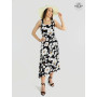 Robe longue noire a fleurs blanches pour femme, robe en rayonne sans manche, asymetrique taille a nouer