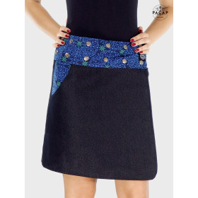 jupe jean noir poche cavaliere coupe évasée pour femme taille unique ceinture imprimé ethnique