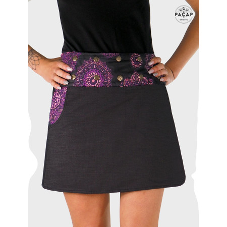 mini jupe jean noir motif indou mandala violet