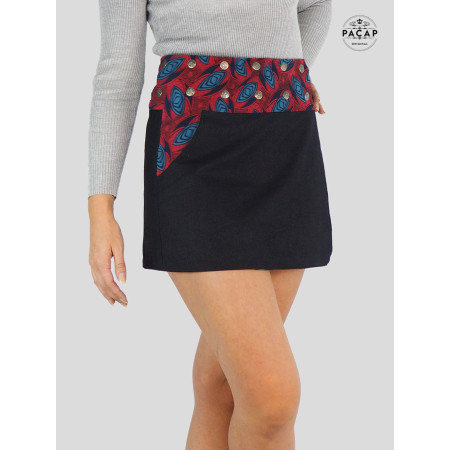 mini jupe rétro courte patineuse, jupe tennis, jupe sport originale en jean noir imprimé rouge et bleu abstrait psychédelique