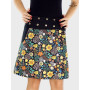 jupe noir a poche motif fleurs jaune multicolore, imprimé liberty, jupe evasée, jupe portefeuille femme