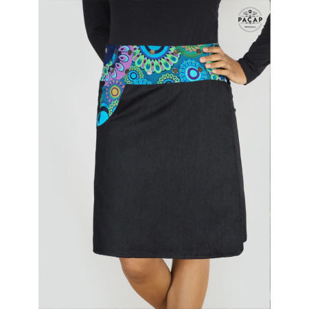 jupe longue mandala en jean noir avec poche