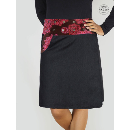 jupe longue jean noir motif mandala rouge avec poche