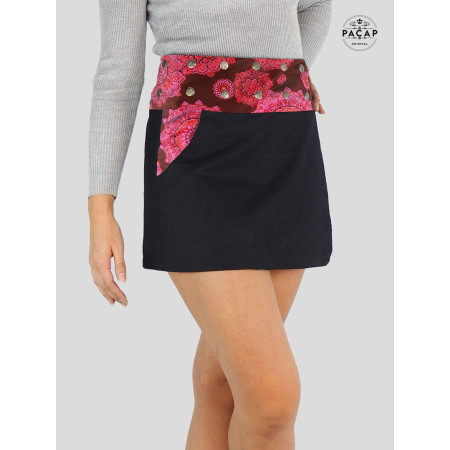 jupe courte jean noir femme à poche motif ethnique mandala rouge