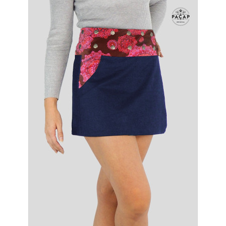 mini jupe jean bleu femme à poche motif ethnique mandala rouge