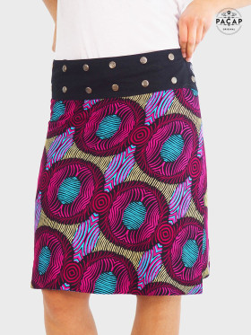 jupe longue en rayonne motif mandala violet et noir, imprimé ethnique tribal, azteque, indien pour femme