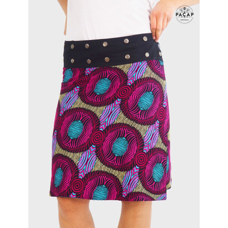 jupe longue en rayonne motif mandala violet et noir, imprimé ethnique tribal, azteque, indien pour femme
