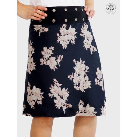jupe bleue rayonne a fleurs à roses pour femme, jupe fluide viscose