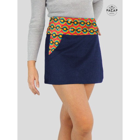 jupe mini multi-taille en jean bleu fendu pour femme motif ethnique orange imprimé blockprint indien avec poche