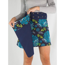 jupe portefeuille jean bleue réversible a fleurs