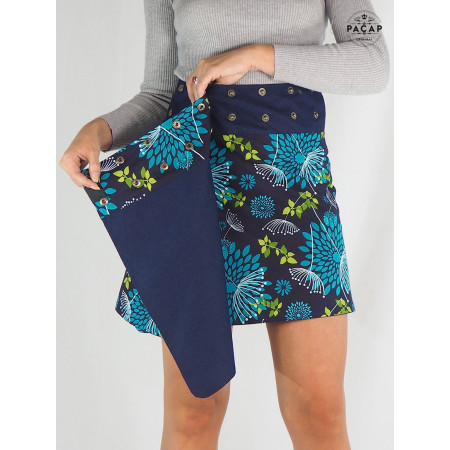 jupe portefeuille jean bleue réversible a fleurs