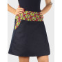 jupe jean noir femme ceinture bouton motif ethnique africain pagne wax orange rouge et jaune