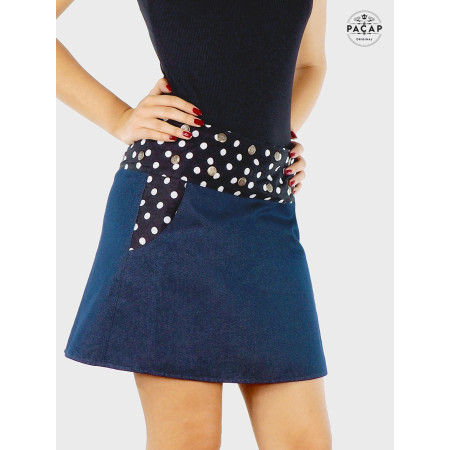 Jupe Pin-Up en Jean Denim Taille Réglable | Motif Rétro à Poids Blanc